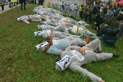 Les manifestants ont symbolis&eacute; les 83 bovins tu&eacute;s &agrave; Pouilley-Fran&ccedil;ais 
