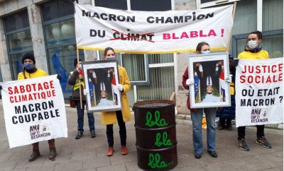Le portrait d'Emmanuel Macron goudronn&eacute; pour  ses bilans climatique et social &agrave; Besan&ccedil;on
